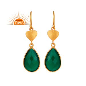 Hot Popular <b>Green</b> Onyx Gemstone Earrings 18k Yellow Gold Plated Silver Dangle Hook Earrings Indian Jewelry Supplier - Product Image 1