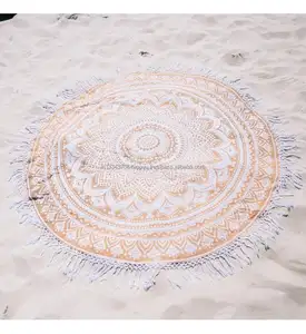 Ethnic Indian Cotton Handmade Golden Mandala Lace Tassels Round Hippie Dorm Decor Boho Beach Sheet Throw Ombre Art Table Cover