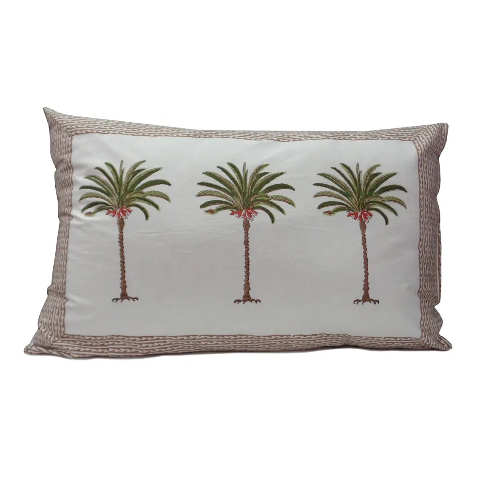 Cubierta de almohada decorativa de algodón estampada con bloque de mano verde palmera India