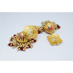 handmade brass golden matte finishing partywear meenakari stud <b>long</b> jhumki hoop <b>earing</b> for girls and women - Product Image 4