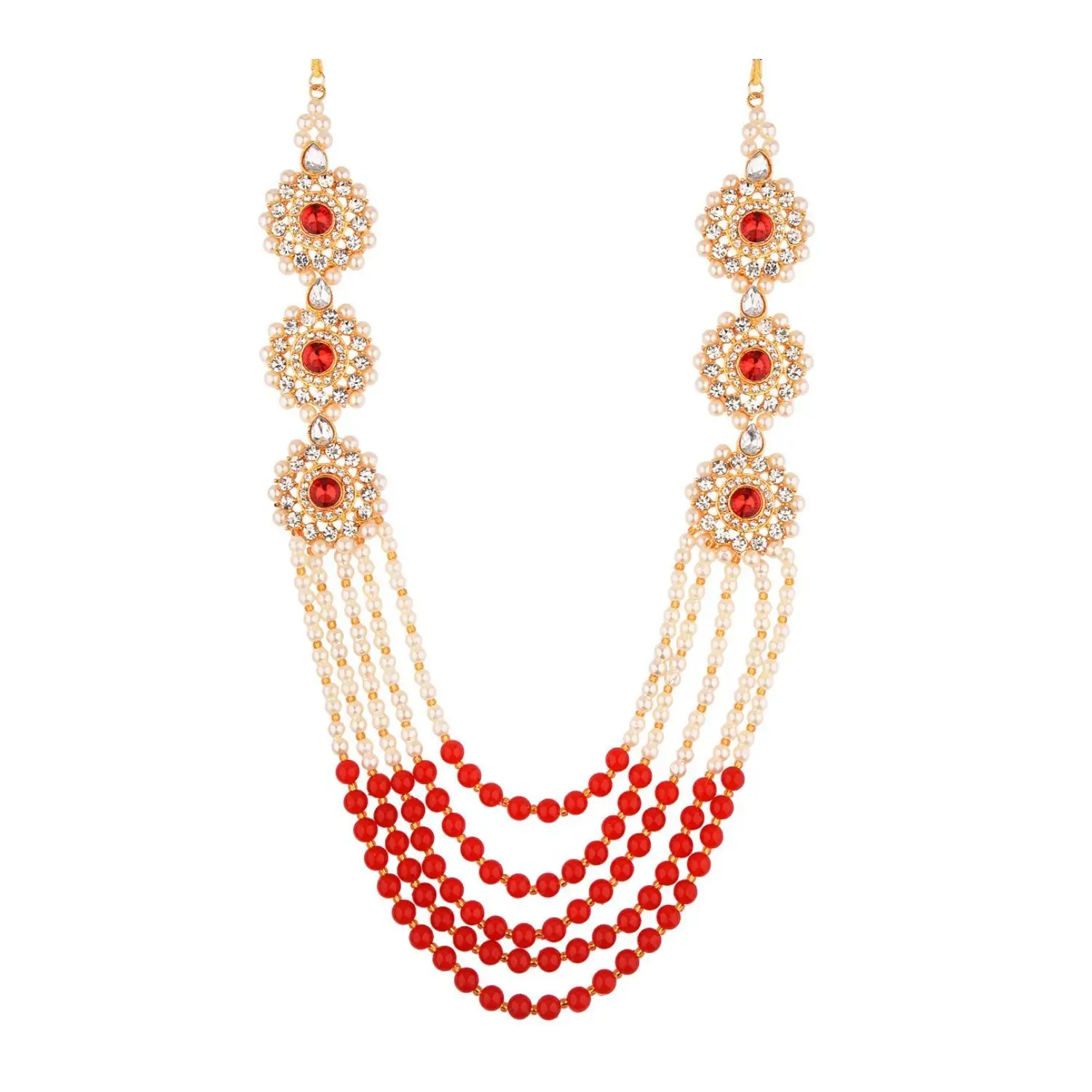 Indian Jewelry Set Crystal Faux Pearl Multi Layered Strand Beaded Necklace Bollywood Jewelry Set