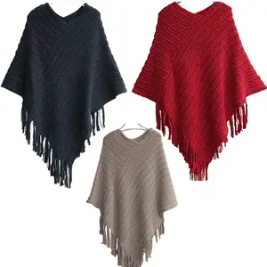 Maglione poncho donna pullover con nappe girocollo in acrilico fantasia