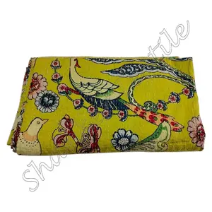 Seprai Vintage autentik India gambar burung seprai tebal katun Kantha selimut motif hewan Kantha Bedcover dapat dibalik