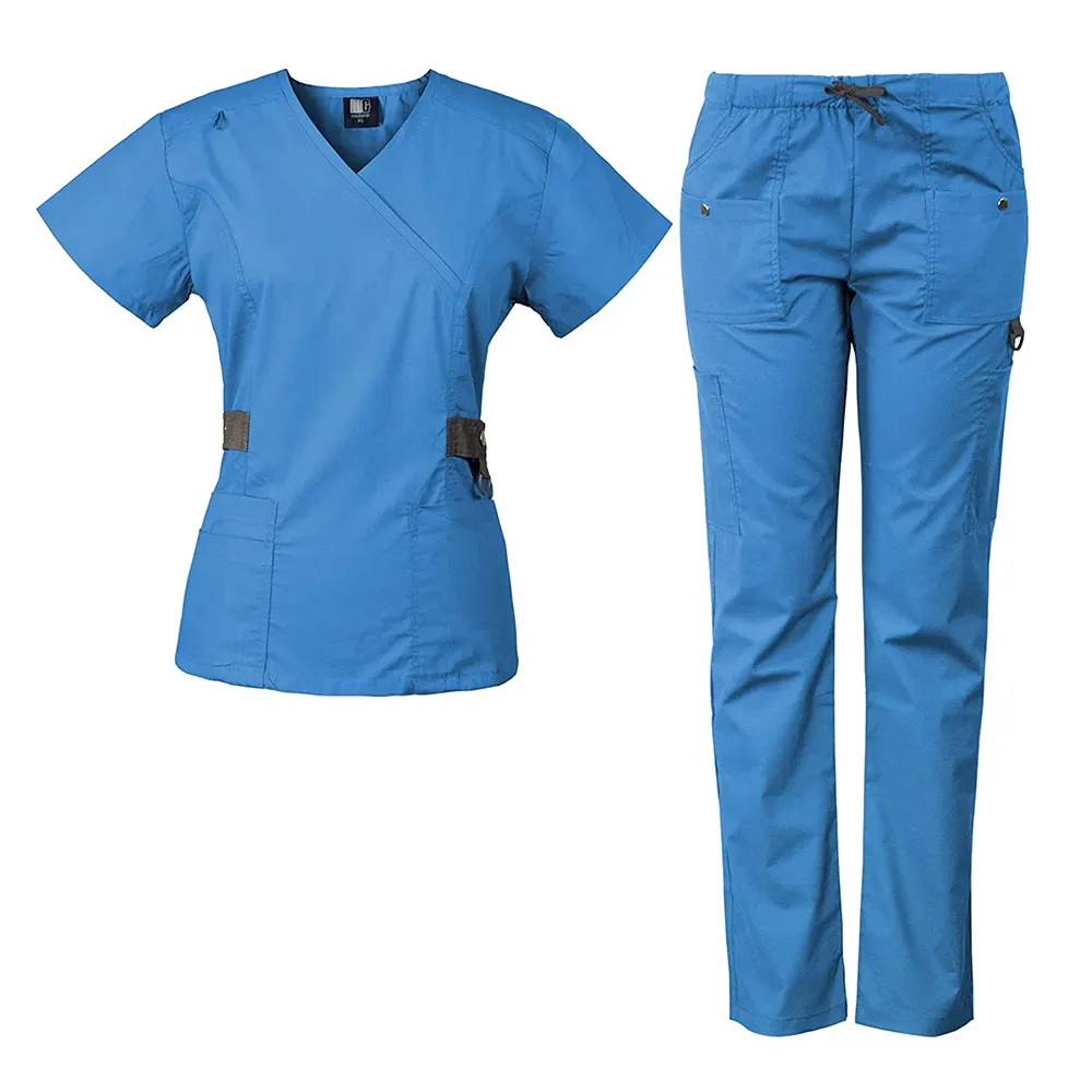 Conjunto de uniforme de enfermería para mujer, con 12 bolsillos y embellecedor de contraste