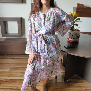 Vestido de fiesta vintage de una pieza, tela de lino, estampado de bloques de mano, XXL talla grande, manga larga, brazo, longitud corta, Maxi High Nightclubs - Product Image 1