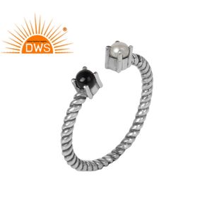 Natural Double Gemstone Operable Oxidized Silver Ring Jewelry Wholesaler Black Onyx, White Pearl Prong Set Ring - Product Image 2