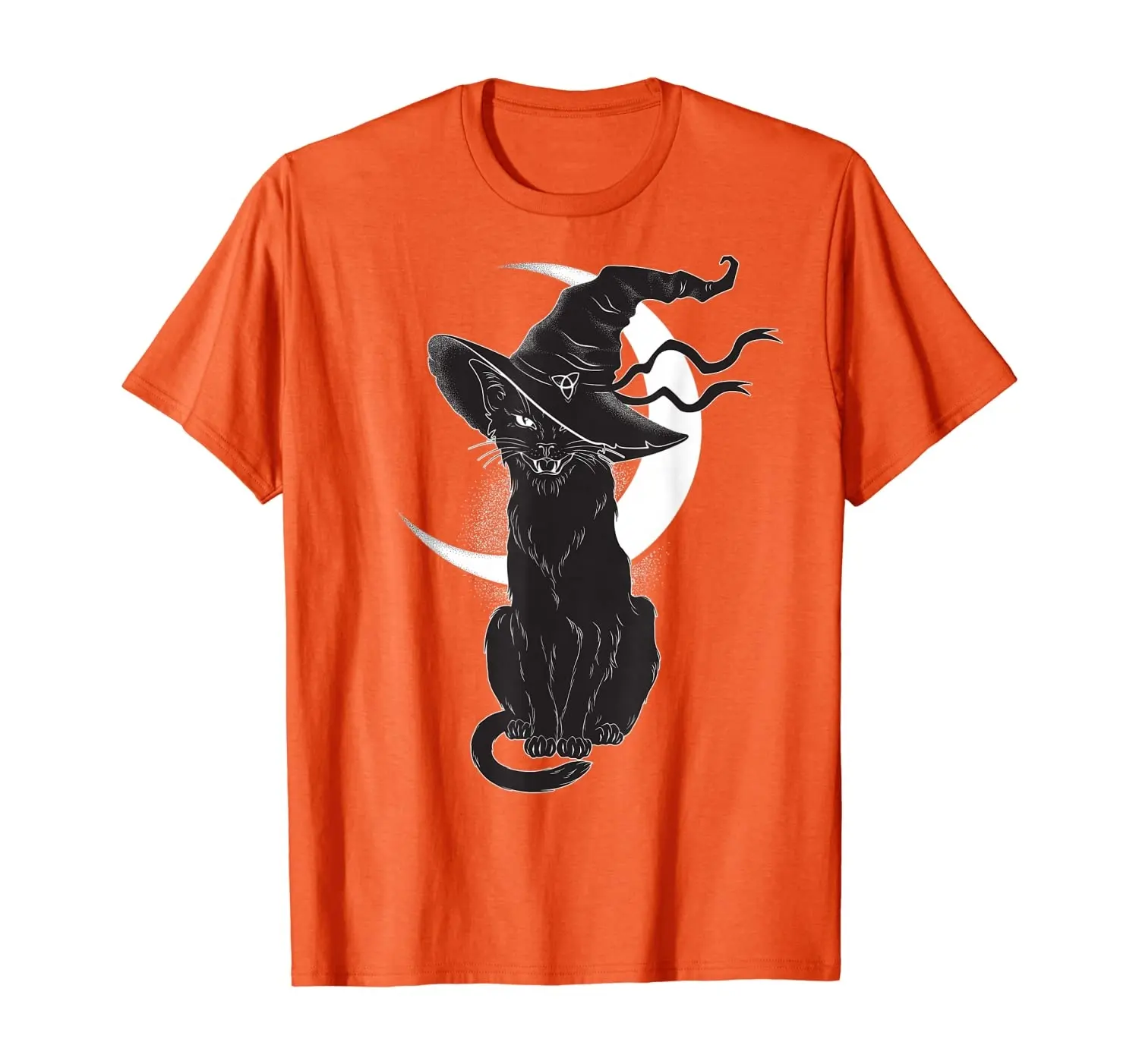 Vintage Scary Halloween Black Cat Witch Hat & Moon Printed T-Shirt