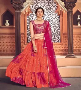 Lehenga choli-tela de algodón con lentejuelas a juego, encaje bordado para boda y ocasión especial para mujeres