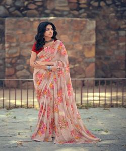 Vêtements de fête Designer brodé Net Soie Fleur Conception Indienne Dames Porter Orange Couleur Saree avec Blouse Pièce Perle Travail Sari Apparelgarment - Product Image 2