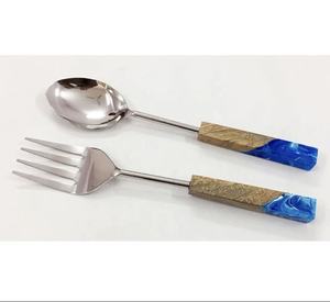 Ensemble de serveurs à salade en acier inoxydable de haute qualité poignée en bois et résine époxy pour la maison hôtel Restaurant événements vaisselle outils à salade - Product Image 1