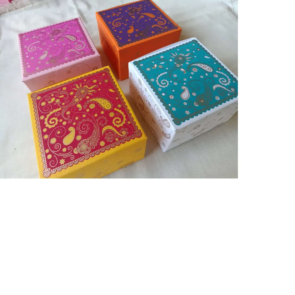 ethnic indian design colorfully printed favor boxes with ribbon ties