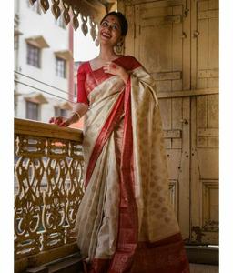 Mềm Lichi Lụa <span class=keywords><strong>Saree</strong></span> Áo Trắng Màu Đỏ Zari Làm Việc <span class=keywords><strong>Saree</strong></span> Ấn Độ Truyền Thống <span class=keywords><strong>Saree</strong></span> Lụa SariBanarasi Kanchipuram Royal Xuất Khẩu - Product Image 4