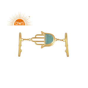 Aqua Chalcedony Gemstone <b>Ring</b> Double Band Silver Chain <b>Finger</b> <b>Ring</b> Gold Plated Silver Hamsa <b>Ring</b> Jewelry Supplier - Product Image 1