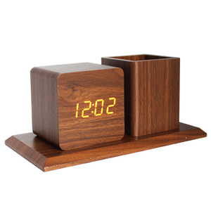 แฟนซีตกแต่งบ้านสำนักงานตารางอุปทานการควบคุมเสียง LED ดิจิตอลไม้ผู้ถือปากกานาฬิกาปลุก - Product Image 1