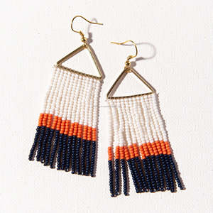 White Orange <b>Black</b> Bohemian Glass Seed Beads Earrings <b>Gold</b> Plated Metal <b>Frame</b> Handmade Fringe Wedding Engagement Gift - Product Image 1