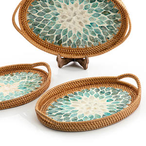 High Quality Decorative Oval Shape Rattan with Mother of Pearl MOP Serving Trays From Vietnam - Product Image 2