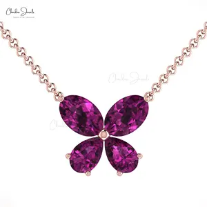 Top Selling Butterfly Charm Necklace 6x4mm Rhodolite Garnet Gemstone Necklace 14k Solid Gold Birthstone Jewelry Supplier