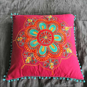 Exclusive Indian Tradition Festival Handmade Wool Aari Embroidered 16"X16" Room Decor Cushion <b>Cover</b> <b>Throw</b> Outdoor Pillow Case - Product Image 1