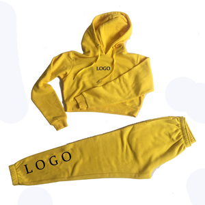 Women's Yellow Hooded Crop <b>Top</b> Tracksuit Set Full Sleeve Loose Fit Casual Sportswear Two Piece Solid Color Sweatshirt Pants - Product Image 1