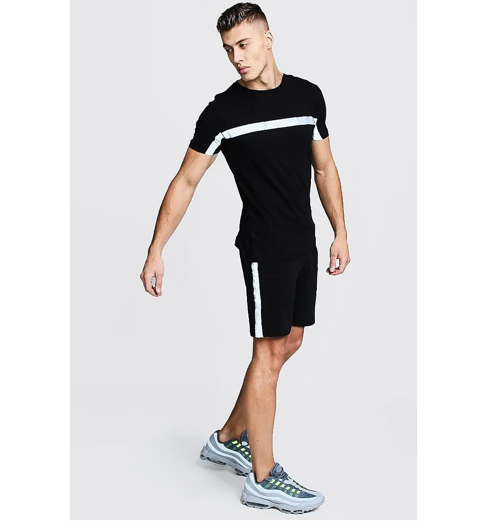 New Summer Men 2PC set with custom side strips Sporting Suit Short Sleeve T shirt and Shorts Two Piece twin Set