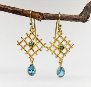 Pendientes de plata de ley 925 con topacio azul y turmalina, pendientes con gema de piedra lunar, chapado en oro y plata - Product Image 3