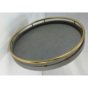 Decorative Charcoal 0.51x0.51x0.06 Serving Veneer Edges <b>Tampered</b> Faux Raffia Round Tray Faux Shagreen Serving Tray from Vietnam - Product Image 2