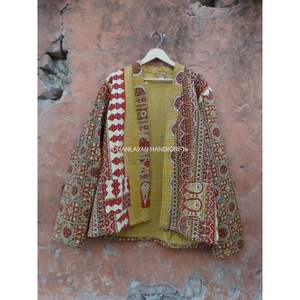 Veste courte maxi en coton jaune pour femmes, robe de chambre faite à la main, imprimé Ajrakh, broderie, vente en gros, Kantha, hiver, ethnique, tissé, Coct - Product Image 4