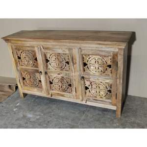 Buffet en bois sculpté à trois portes, armoire de rangement en fer et en bois manga avec portes sculptées - Product Image 2