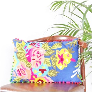 Floral Embroidered <b>Rectangular</b> <b>Cushion</b> Cover Bohemian Style Home Decor Blue Pink Yellow Green Pompom Trim - Product Image 1