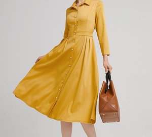 Vestido Camisero Amarillo con Cuello Camisero, Manga Tres Cuartos, Largo Midi, Color Sólido, Tejido Transpirable, 100% Lino, Bordado, Oficina - Product Image 4