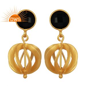Pendientes de plata de ley con diseño de bola de filigrana, GEMA de ónix negra, joyería chapada en oro de 18k, Pendientes colgantes, fabricante de joyería - Product Image 1