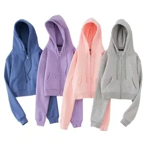 2021 Autumn Winter Open Zipper Long Sleeve Hoodies Fleece Cropped Hooded Sweatshirt Women Casual Jumper Short Sweats