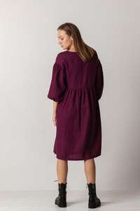 Perfect to wear for any occasion or event this spring / summer purple color crepe solid o-neck long sleeve women linen <b>dress</b> - Product Image 5