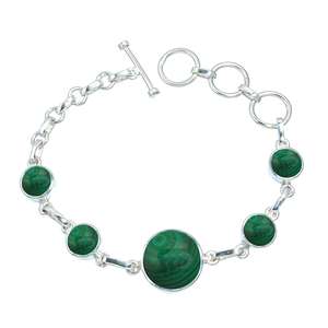 Good Quality Natural Malachite Gemstone Smooth Round <b>Beads</b> 925 Solid Sterling <b>Silver</b> Handmade <b>Bracelet</b> 7-8"Long - Product Image 2