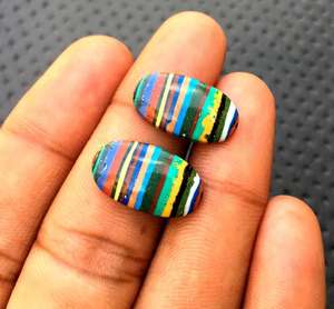 หินแคลซิลิก้าสีรุ้งธรรมชาติ1คู่,เครื่องประดับหลากสีทำจากอัญมณีทรงวงรีเรียบ - Product Image 2