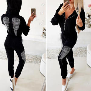 Sudaderas con capucha y pantalones de chándal ajustados con estampado de color sólido para mujer con estilo para correr y ropa informal - Product Image 2