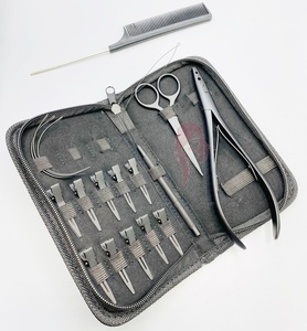 Juego de herramientas para extensiones de cabello de acero inoxidable negro mate de alta calidad con logotipo personalizado: alicates, tijeras, pinzas y peine de cola de rata - Product Image 1