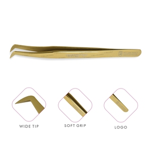 Pincettes professionnelles pour Extension de cils, en acier inoxydable, de haute qualité, à bouts larges, couleur or, étiquette privée - Product Image 1