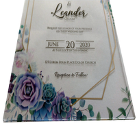 Cartes d'invitation en acrylique transparent Modèle M3 Impression offset CMYK avec estampage doré 4 couleurs Motif floral Carte de vœux de mariage Origine TW 50g