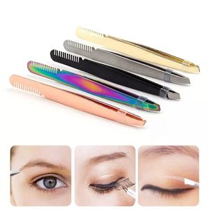 Pinzas para cejas de acero inoxidable y metal grueso de colores personalizados al por mayor con punta inclinada, pinzas para cejas Kaneka con logotipo privado - Product Image 5