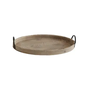 Hot Selling Round Wooden Serving Tray with Metal Handle Unique Design Handmade Wooden Tray set of 2 Wholesale Supplier Low MOQ