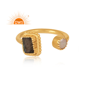 18k Gold Plated 925 Sterling <b>Silver</b> Bezel Setting Stackable Women's <b>Ring</b> with Ethiopian <b>Opal</b> and Labradorite Gemstone - Product Image 2