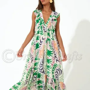 Robes longues en coton pour femmes, 100% coton, col halter, volants, sans manches, coupe ample, décontractées, pour les vacances, taille haute - Product Image 1