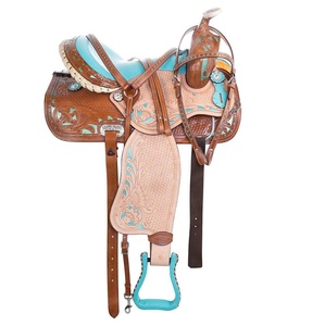 Ensemble de sellerie en cuir brun turquoise pour chevaux de style western, sculpté à la main, pour l'équitation anglaise, tailles 10 à 18 - Product Image 1