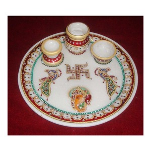 Round Shape White Marble Gold <b>Painted</b> Decorative Pooja Thali - Product Image 1
