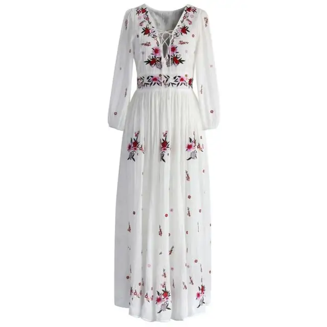 Hand Embroidery Dress Women Ethnic Style Clothes Long Sleeve V Neck Bohemian long Maxi Dress