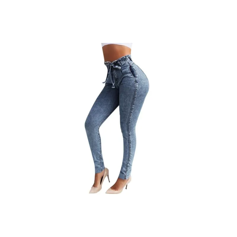 Jeans Denim wanita ukuran besar, celana Jeans kancing tinggi elastis rumbai longgar, kaki kecil kasual Slim Fit