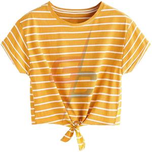 เสื้อยืดแขนสั้นมีกระดุมติดด้านหน้าของผู้หญิง,เสื้อครอปลายทาง - Product Image 1