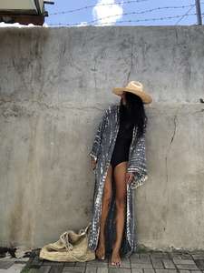 Chemise de nuit ethnique du Moyen-Orient rayure col en V profond caftan tenue décontracté coupe ample vêtements de plage et de villégiature Bikini couvrir robe caftan - Product Image 4