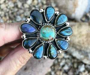 Vente chaude nouveau Design Labradorite & Turquoise exclusif 925 bague en argent sterling massif bijoux de déclaration - Product Image 1